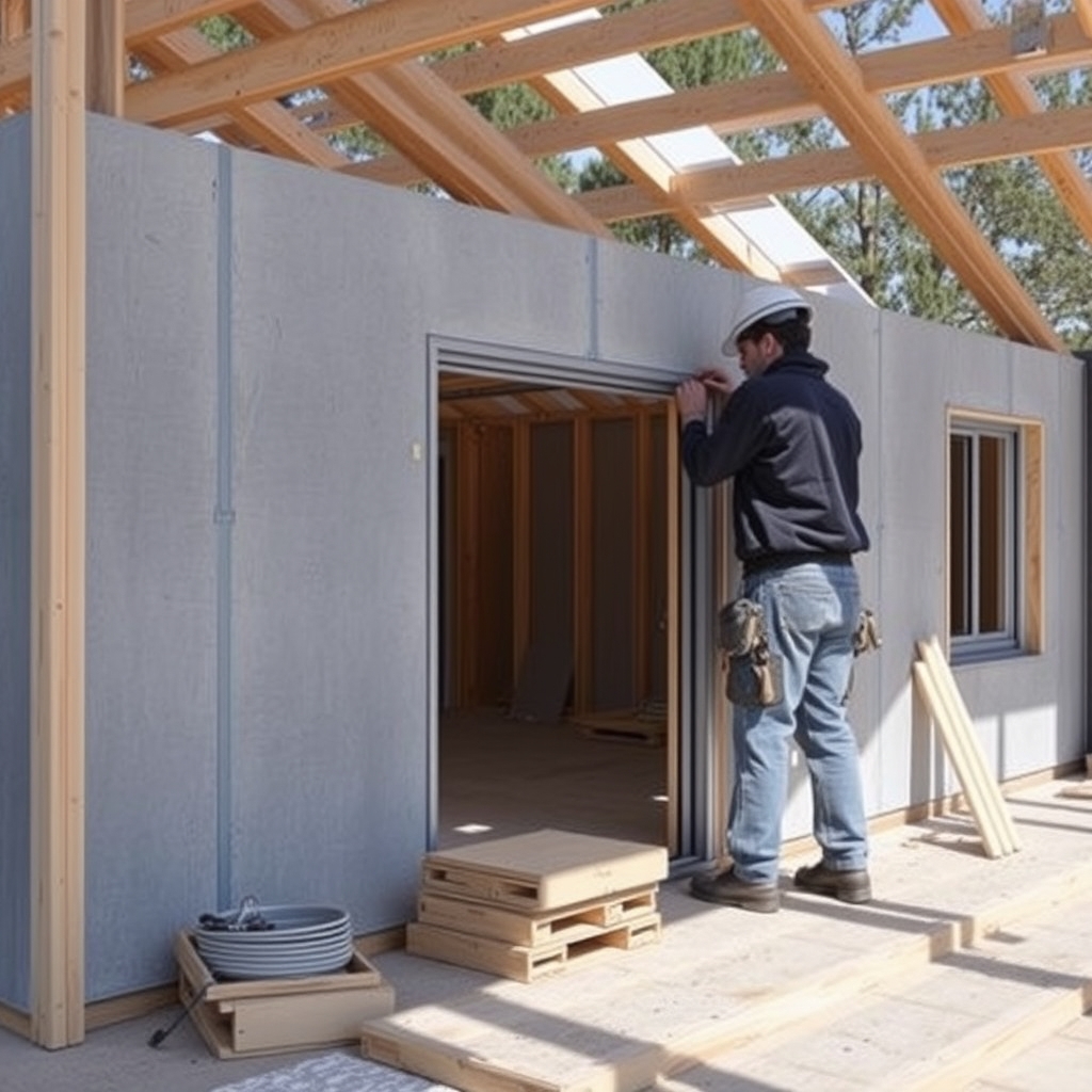 Bâtiment modulaire professionnel en cours de pose (illustration)