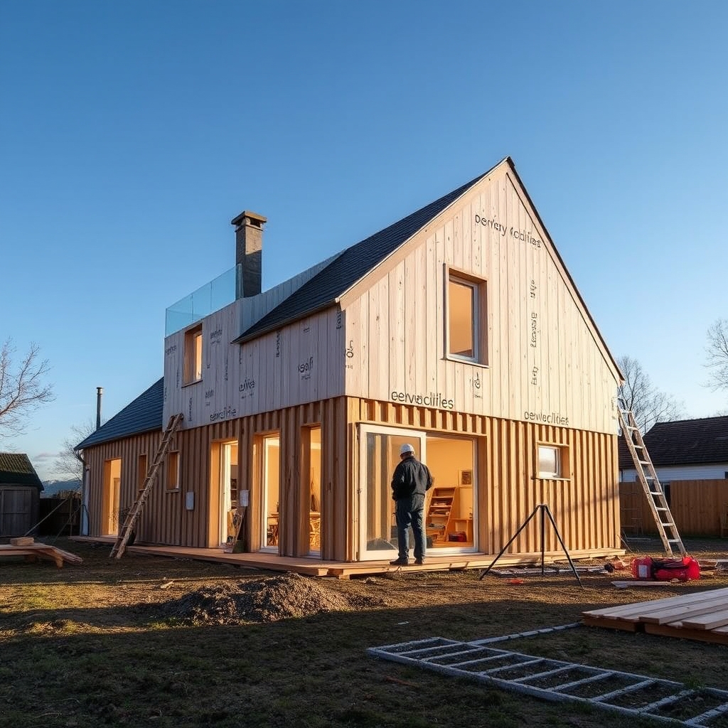 Maison modulaire clé en main en cours de pose (illustration)
